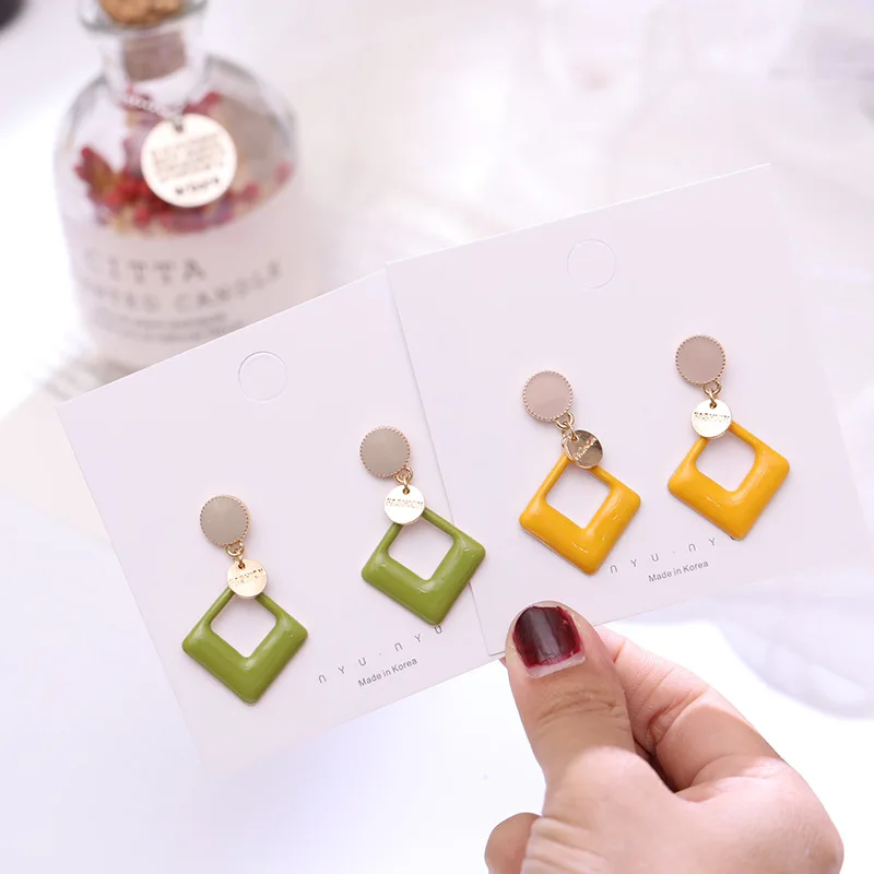 

Trendy Korean Candy Colorful Summer Enamel Drop Dangle Earrings 2020 Sweet Charm Square Geometric Jewelry Earrings Girl