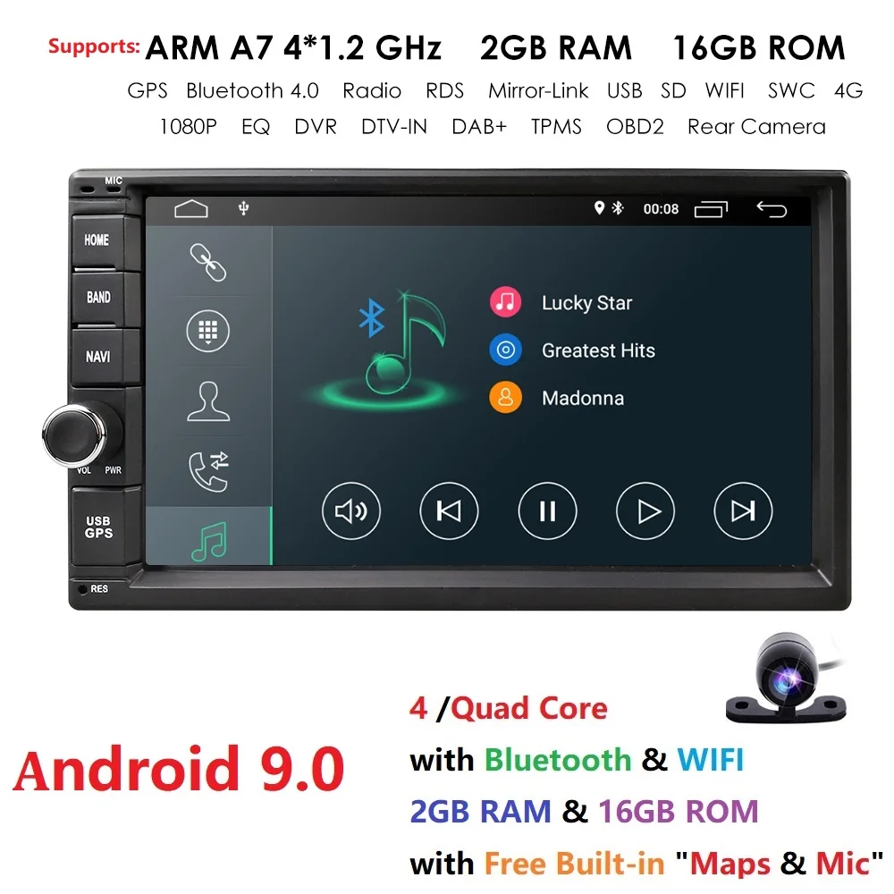Standard Double 2 Din Android 9.0 In Dash Car Stereo Radio GPS Navigation Support 4G WIFI Bluetooth Mirrorlink with Rear Camera
