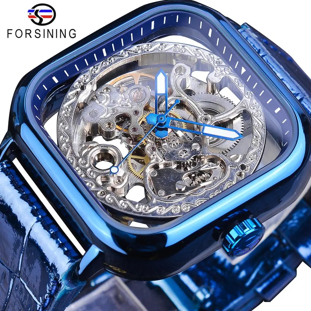 

Forsining Classic Business Design Blue Leather Mens Automatic Luminous Hand Transparent Mechanical Skeleton Watches Brand Luxury