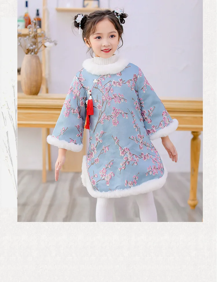 Зимнее утепленное платье Ципао для девочек Новогоднее платье в китайском стиле, одежда для детей возрастом от 2 до 11 лет, костюм персикового цвета, куртка для девочек