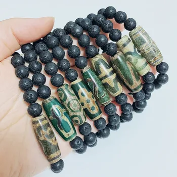Energy Gray Green Natural Tibetan Dzi Agates Bracelets Vintage Buddha Prayer Nine-eyed Agates Charm Black Lava Bracelets Male