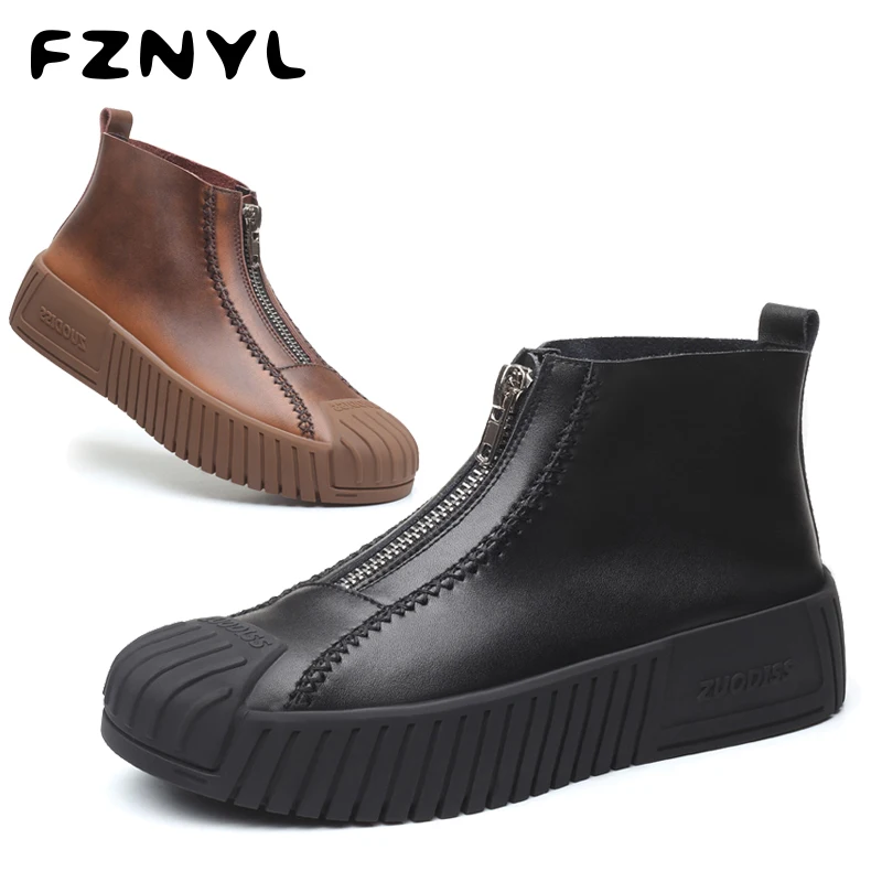 

FZNYL Men's Retro Casual Martin Boots British Style Zipper Thick Bottom Shoes Fashionable Youth Comfortable Leather Footwear