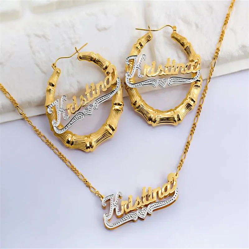 Hoop Earrings Nameplate Necklaces Set 