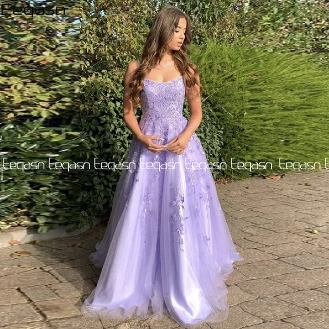 Beautiful Fairy Lavender Long Lace Evening Dresses for Women Spaghetti  Strap V Neck Formal Party Wear Prom Night Gown
