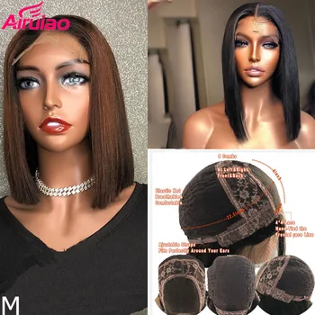 

Colored Brown Short Bob Straight Human Hair Wig Ombre 1b27 4x4 Lace Closure PU Silk Base Wig 150% Remy Preplucked Bleached Knots