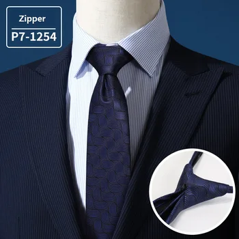 

2020 New Fashion High Quality Men Ties 7CM Wave Pattern Blue Zipper Necktie Business Formal Suit Neck Tie for Men with Gift Box