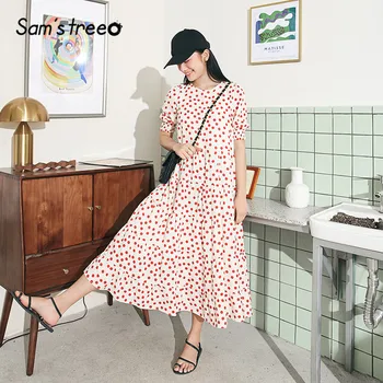 

SAM'S TREE Red Polka Dot Patchwork Casual Women Ruffles Dresses 2020 Summer Vintage Elastic Half Sleeve Korean Girl Party Dress