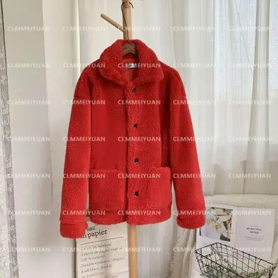 Пальто с отложным воротником из овечьей шерсти ZA, женская зимняя плотная верхняя одежда, пальто и куртки с искусственным мехом, женские плюшевые куртки cwf0187-5 - Цвет: Красный