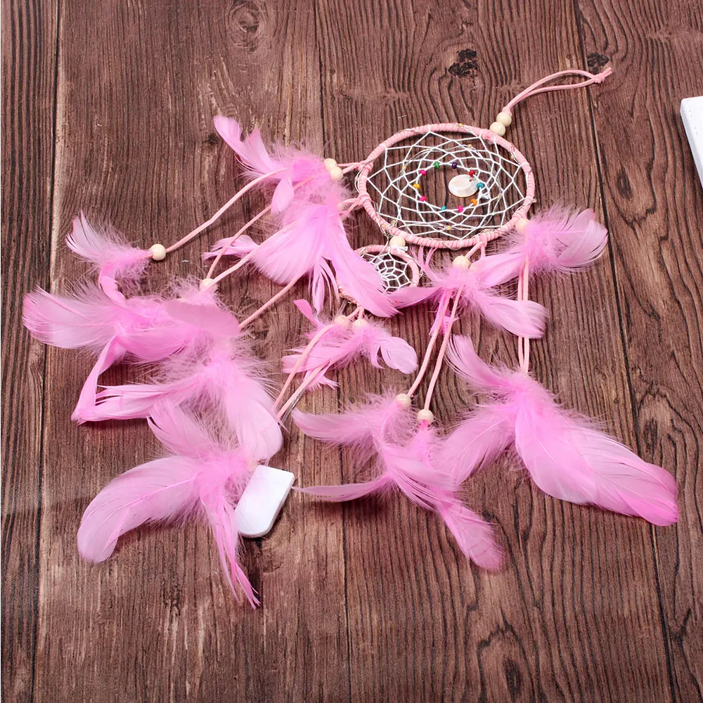 Creative LED Hanging Crafts Ornament Dromenvanger Dreamcatcher Home Wind Chimes Gift Decoration Wall Feathers Car - Цвет: Pink