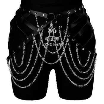 

Pu Leather Harness Garter Body Cage Stockings Metal Chain Belt Fetish Gothic Adjust Plus Size Hollow Out Body Cage Waist Belt