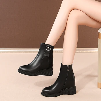 

Genuine Leather Platform Boots Women Ankle Boots for Winter Warm Height Increasing Boots Female Shoes Black Botas Mujer