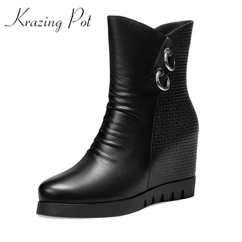 

Krazing Pot superstar brand shoes women winter warm cow leather round toe wedges classic style European design ankle boots L63