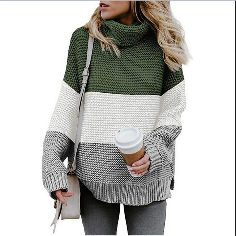 2019 осенне-зимние теплые женские свитера, элегантные Полосатые свитера с высоким воротом и длинным рукавом, повседневные свободные топы с