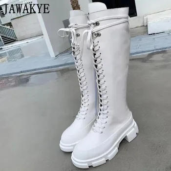 

Flat Platform Tied-up Knight Boots Knee High Long Boots Girl's Pink Genuine Leather Winter Fashion Shoes Women Combat Boots