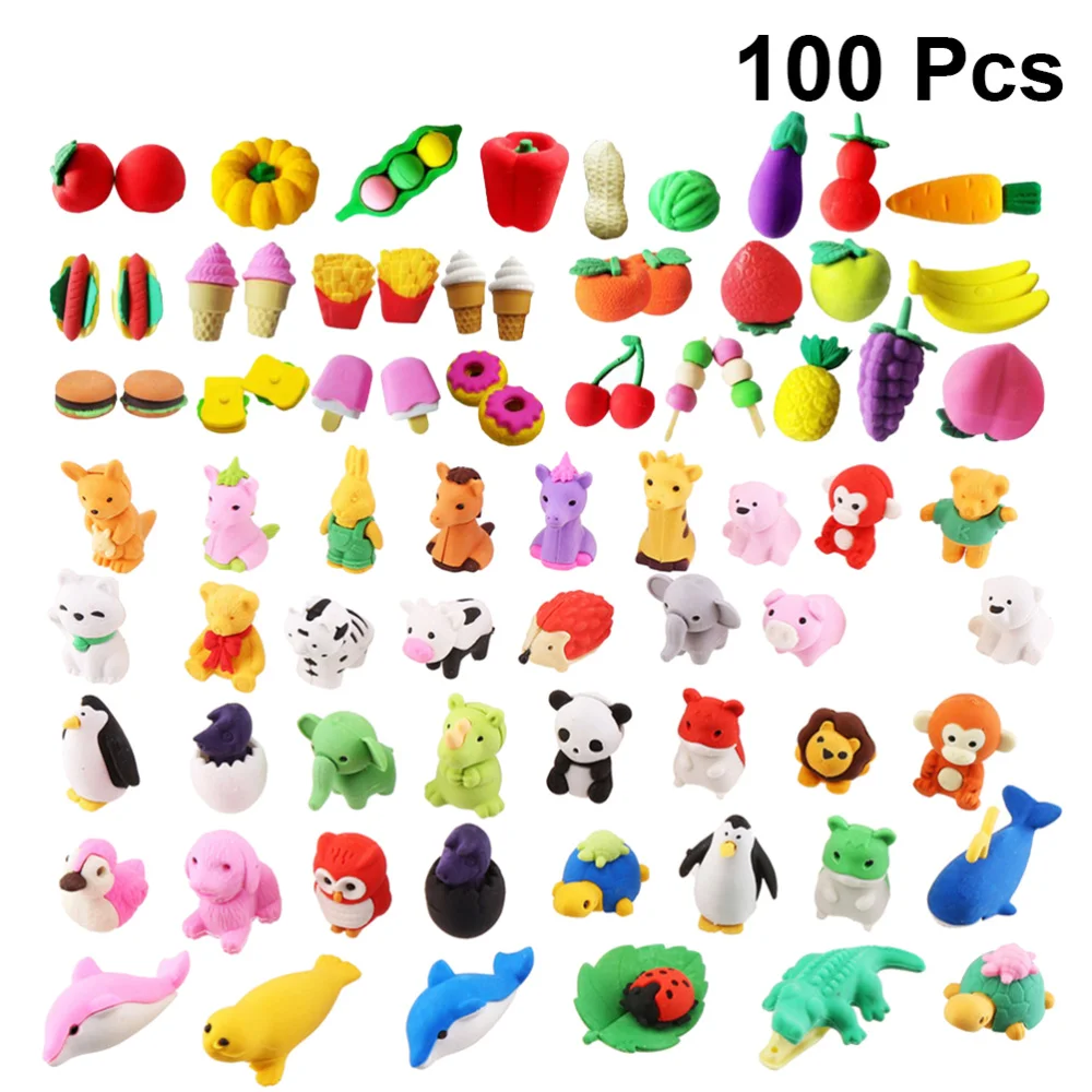 100PCS Cartoon Erasers Creative Erasers Lovely Animal Fruit Vegetable