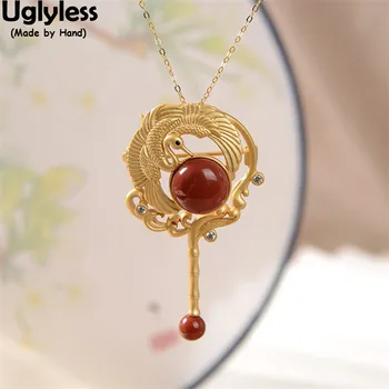

Uglyless Dual Use Crane Brooches Handmade Animals Birds Pendants Necklaces NO Chain Eastern Beauty Agate Jewelry 925 Silver Pins