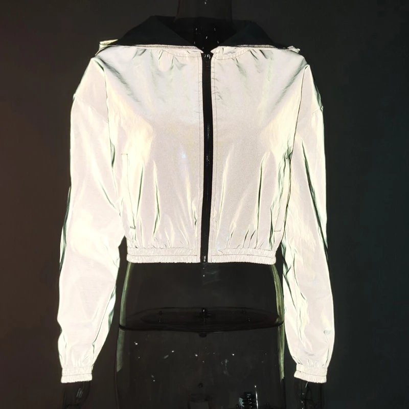InstaHot Женская куртка на молнии с капюшоном серый отражающий яркая одежда Уличная Повседневная короткая куртка осень зима куртка