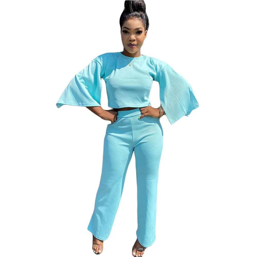 Manga de Trompete de Cor Conjunto de Duas Outono e Inverno Terno de Moda Sólida Feminina Peças Novo Casual Agasalho 33 Cheap Terninho feminino