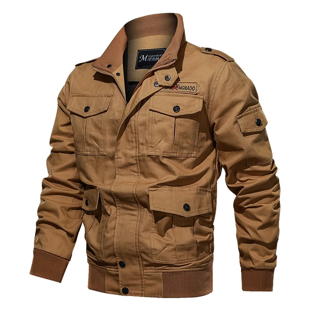 Куртка Мужская осень зима пальто Homme чистый цвет мульти-карман размера плюс стиральная куртка ветровка Jaqueta Masculino - Цвет: Хаки