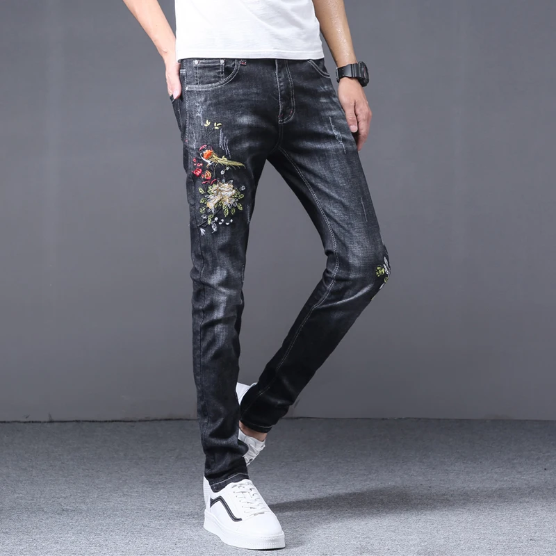 Blog Spring Men's Elastic Cotton Stretch Jeans Pants Loose Fit Denim Trousers Men's Fashion Wear and washed embroidery jean pants man