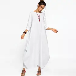 Мусульманское платье Amazon с перекрестной каймой, женское платье большого размера, свободное хлопковое льняное осеннее платье с длинными