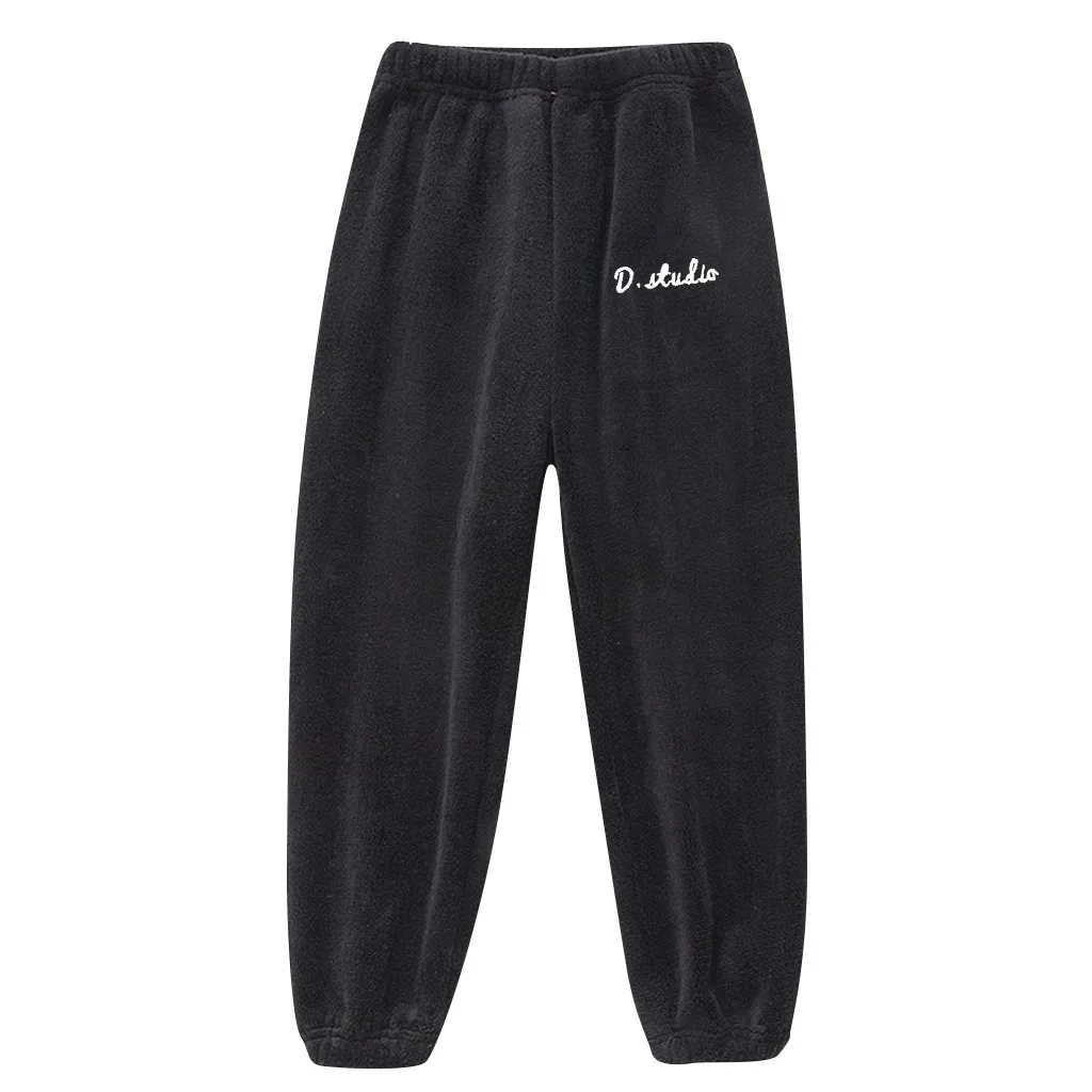 Детская Пижама; зимние теплые штаны из плотного флиса для мальчиков и девочек; повседневные свободные штаны; брюки с вышитыми буквами; домашняя одежда из мягкого хлопка - Цвет: Black