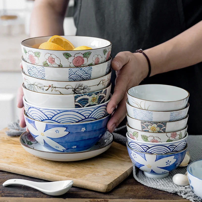 

6.5 inch Japanese Ramen Bowl Ceramic Noodle Bowl Flower Fruit Dinnerware Round Soup Bowl 800ml
