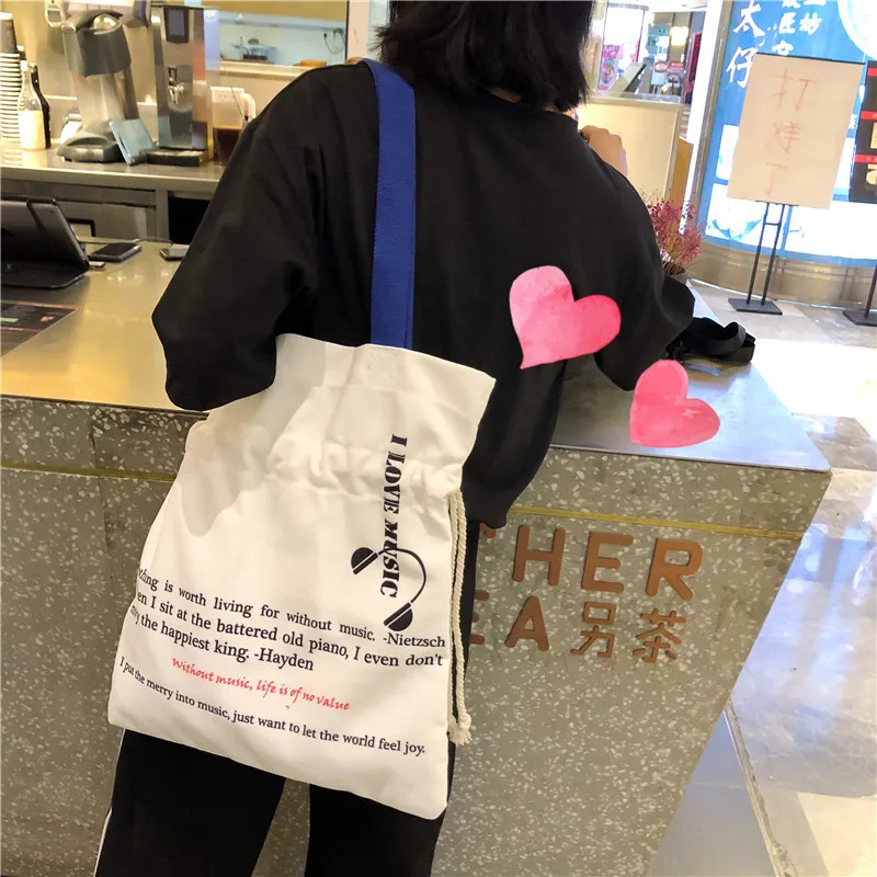 

Lettered Canvas Bag Large Capacity Students Simple Versatile Cloth Bag Shopping Bag Korean Style INS New Style Cool Drawstring B
