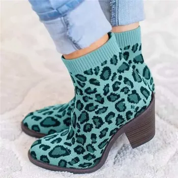 Bota tobillera tejida para Mujer, calcetín de leopardo, moda de otoño, tacón grueso, cómodas