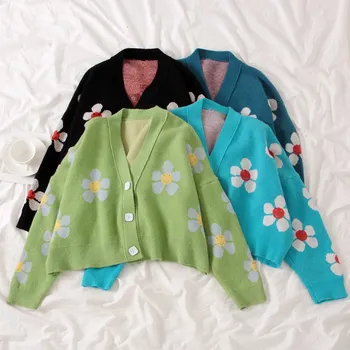 

ZITY Floral Knitted Cardigans 2020 Autumn Winter Women Sweater Poncho Single Breasted Cardigan Harajuku Out Short Casual Tops