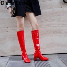 Большие размеры 34-45; сезон осень-зима; новые женские сапоги до колена; модная женская обувь на высоком каблуке на молнии; лакированная кожа; Bota chaussures femme