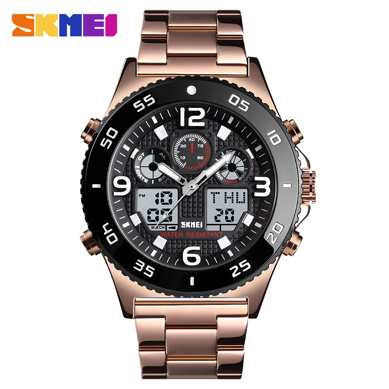 rose gold steel SKMEI модные мужские часы спортивные цифровые часы 3Bar водонепроницаемые Дизайнерские наручные часы для активного отдыха 3 времени часы будильник Relogio Masculino - Цвет: rose gold steel