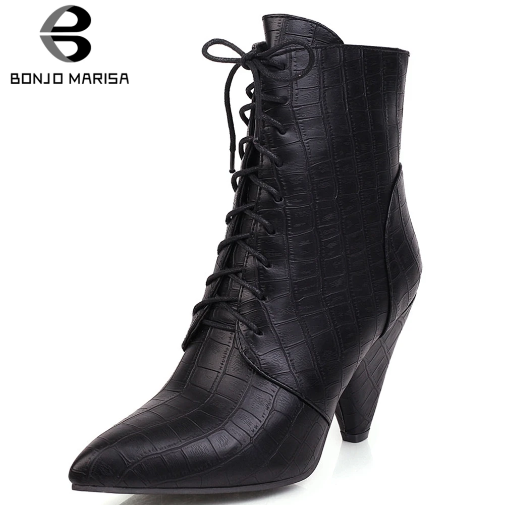

BONJOMARISA New 35-47 Lady Fashion Stone Fretwork Shopping Boots Pointed Toe Ankle Boots Women 2020 High Spike Heel Shoes Woman