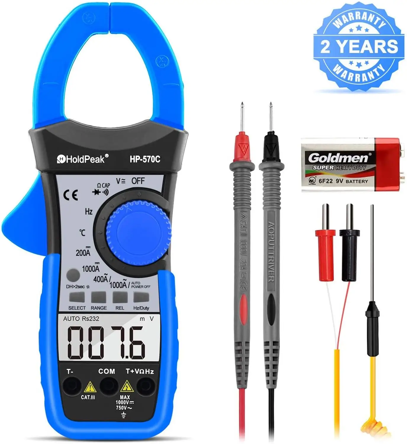 

HP-570C Clamp Meter 4000 Count Auto Ranging Multimeter with AC/DC Voltage&Current,Resistance,Capacitance,Frequency,Diode,Hz Test