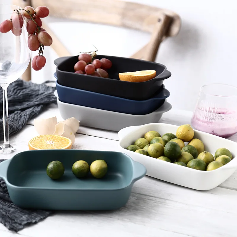 

Nordic Style Baking Pan Ceramic Bowl Rectangular Binaural Bowl Household Tableware Oven Special Pasta Lasagna Baking Dish Salad