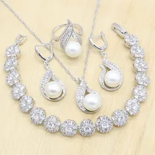 Белый жемчуг циркония 925 стерлингового серебра ювелирные наборы для женщин браслет ожерелье кулон серьги кольцо подарок для свадьбы дня рождения