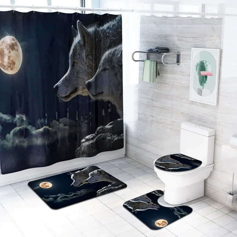 

4Pcs Animal World Print Hook Shower Curtain Tiger Lion Wolf Bathtub Rug Commode Cover Bathroom Carpet Toliet Mat Tapete Banheiro