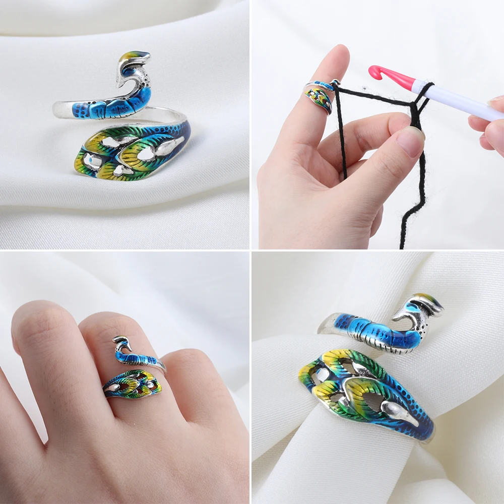 Adjustable Knitting Loop Peacock Shape Crochet Ring Sewing Accessories Finger Wear Thimble Yarn Guides Knitting Tool 1PC