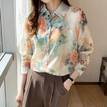 

Spring Autumn Chiffon Tops For Women Fashion Floral Long Sleeve Shirt Loose Korean Style Woman Turn Down Collar Shirt