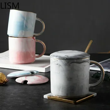 

Natural Marble Ceramic Coffee Mug with Lid Spoon Simple Nordic Coffee Cup Couple Tazas Para Cafe Pink Blue Water Bottle Tea Cups