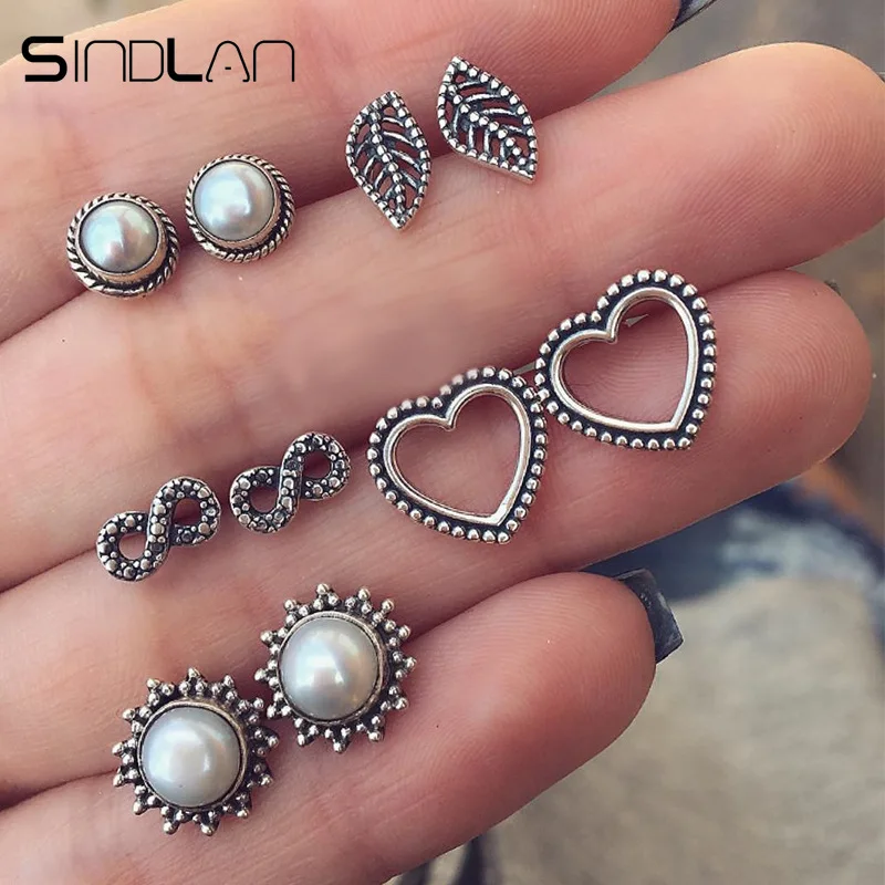 

Sindlan 5 Pairs Vintage Silver Hollow Heart Pearl Earrings for Women Korean Infinity Small Stud Earrings Set 2019 Ear Jewelry