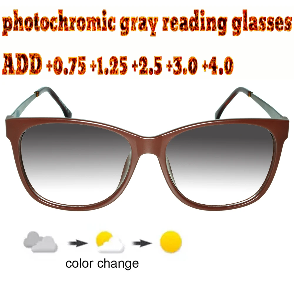

Photochromic Gray Reading Glasses Cat's Eyes Large Size Frame Ultralight Trend High Quality Fashion Ladies Women+0.75To+4.0