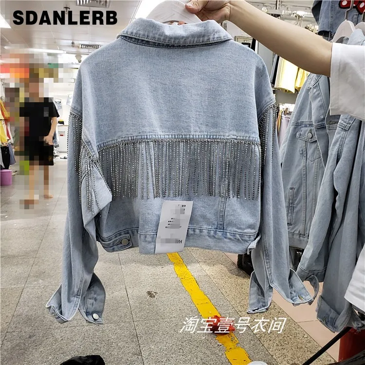 

Spring Autumn Ins Fashion Loose Denim Jacket Women Rhinestone Chain Tassel Wash Old Jeans Coat Female Students Street Jacket