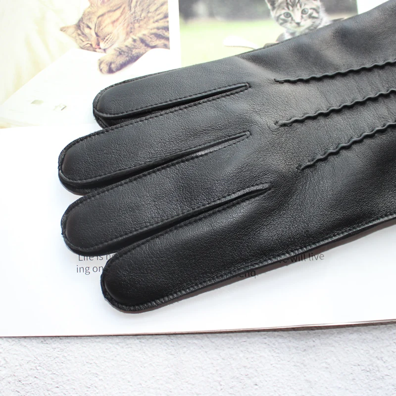 High-quality sheepskin touch screen gloves men's new corrugated wool knitted warm velvet motorcycle driving leather gloves