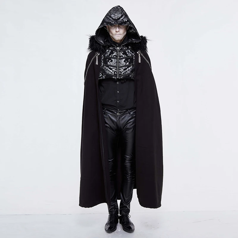 

Steampunk Mens Jackets And Coats Black Long Cloak With Hat Metal Chains Winter Jacket