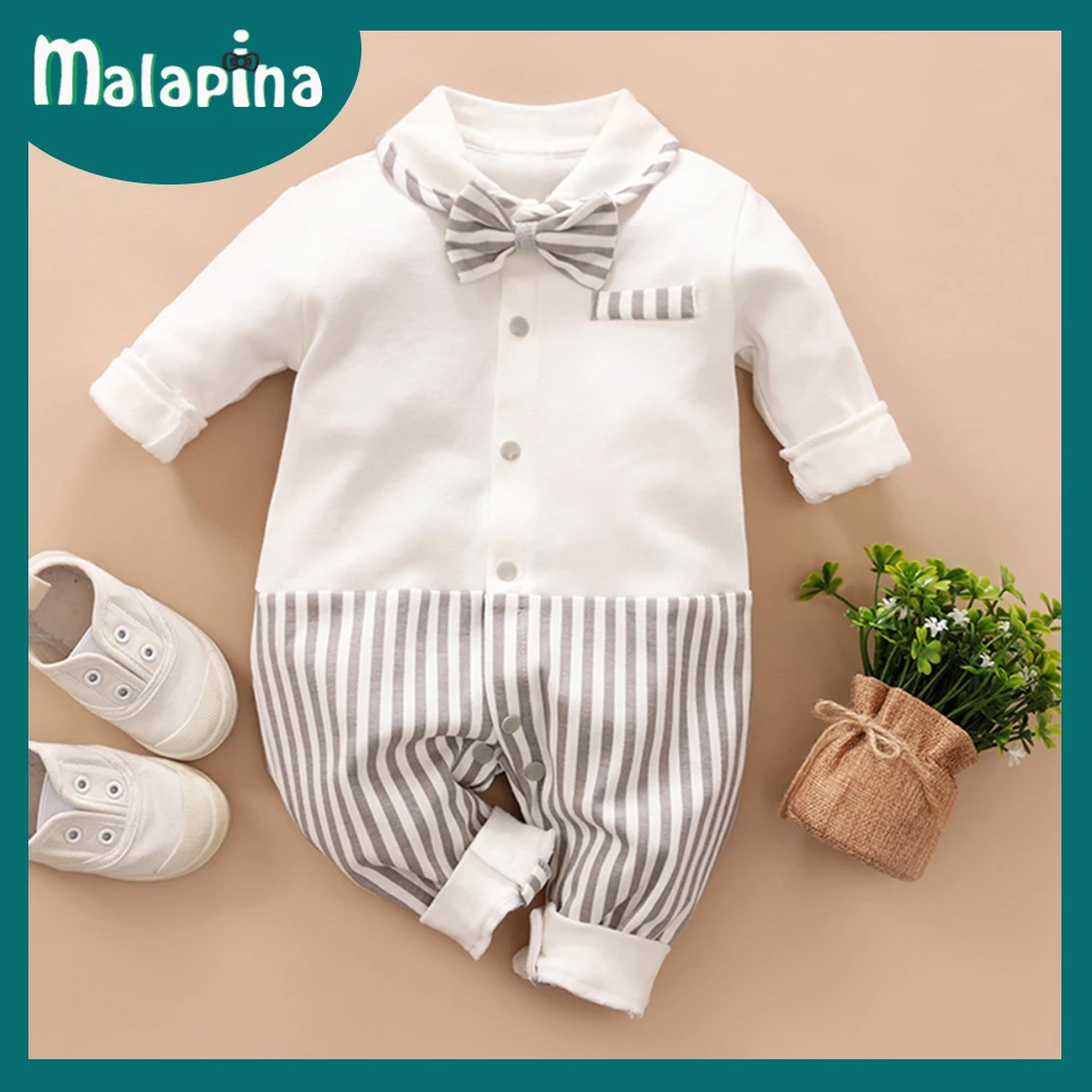 Cotton baby suit Malapina Newborn Baby Boy Rompers Summer Clothes Infant Short Sleeve Jumpsuit Overalls Outfit with Bow Tie Toddler Girl Clothing black baby bodysuits	 Baby Rompers