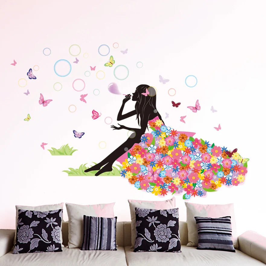 [Shijuekongjian] Феи девушка наклейки на стену винил DIY бабочки пузыри настенные наклейки для детской комнаты детская спальня украшения