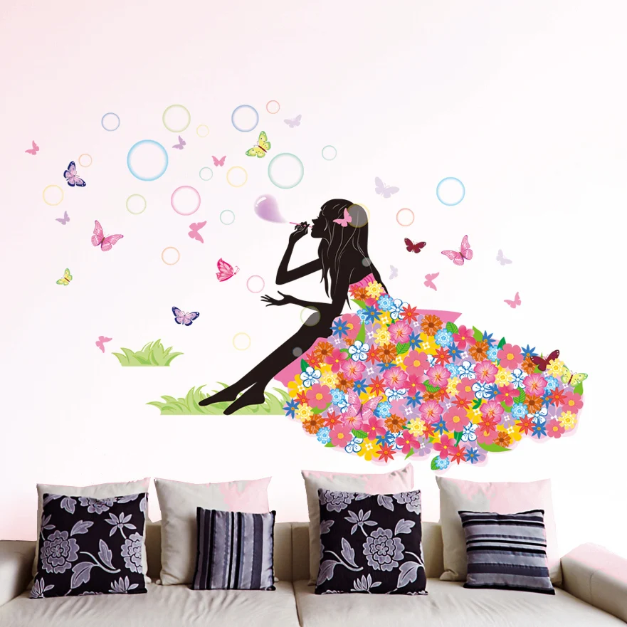 

[shijuekongjian] Fairy Girl Wall Stickers Vinyl DIY Butterflies Bubbles Mural Decals for Kids Room Baby Bedroom Decoration