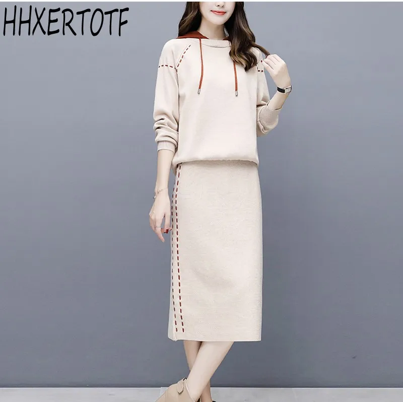 

2019 Autumn and Winter New Women's Loose Sports Sweater Two-piece Sets Hooded Sweater + Knit Skirt Suit