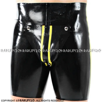 

Black With Yellow Trims Sexy Latex Boxer Shorts With Pouch Buttons Rubber Boy Shorts Underpants Underwear DK-0191